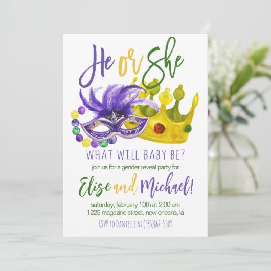 Mardi Gras Geslacht onthullen uitnodiging (Staand voorkant)