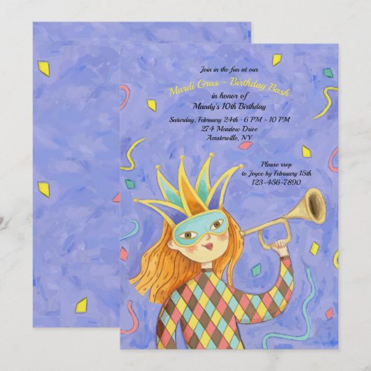 Mardi Gras Girl Birthday Uitnodiging (Voorkant / Achterkant)