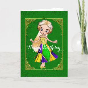 Mardi Gras Girl Green Birthday Kaart