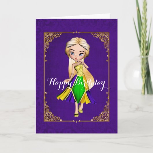 Mardi Gras Girl Paarse Birthday Kaart (Voorkant)