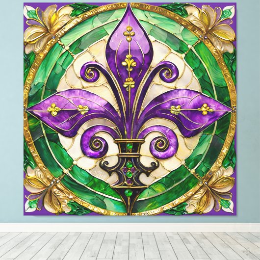 Mardi Gras Glas in lood Fleur de lis Canvas Afdruk (Insitu (Houten vloer))