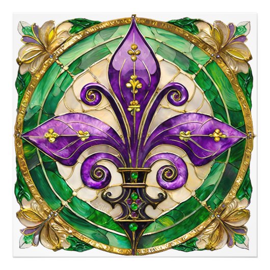 Mardi Gras Glas in lood Fleur de lis Foto Afdruk (Voorkant)