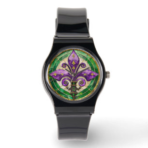 Mardi Gras Glas in lood Fleur de lis Horloge