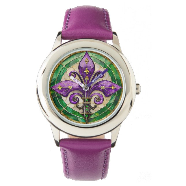 Mardi Gras Glas in lood Fleur de lis Horloge (Voorkant)