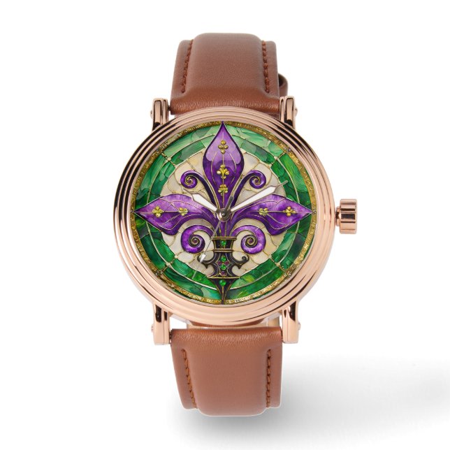 Mardi Gras Glas in lood Fleur de lis Horloge (Voorkant)