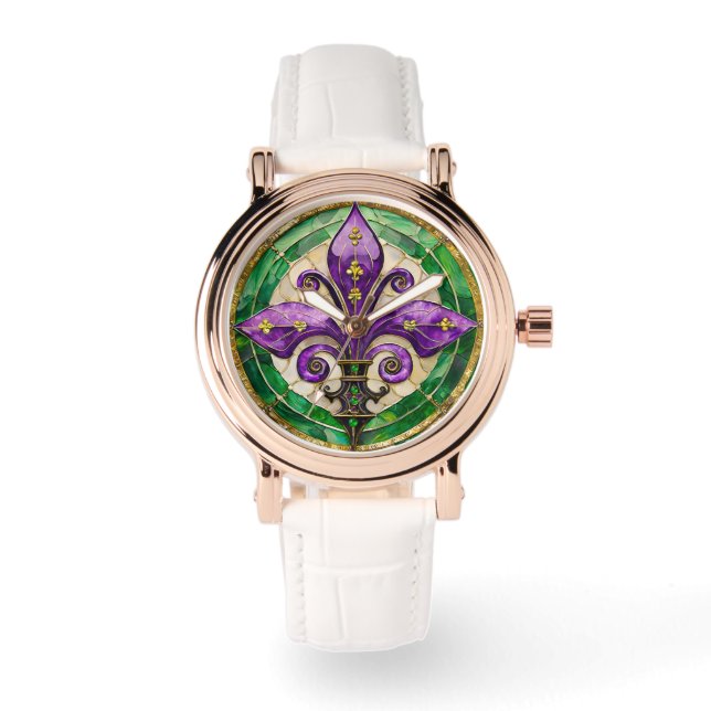 Mardi Gras Glas in lood Fleur de lis Horloge (Voorkant)