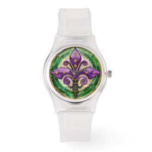 Mardi Gras Glas in lood Fleur de lis Horloge