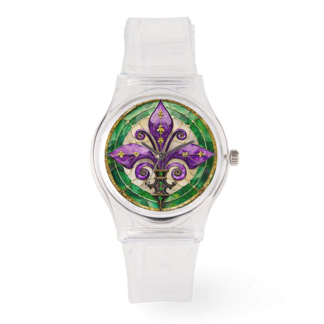 Mardi Gras Glas in lood Fleur de lis Horloge (Voorkant)