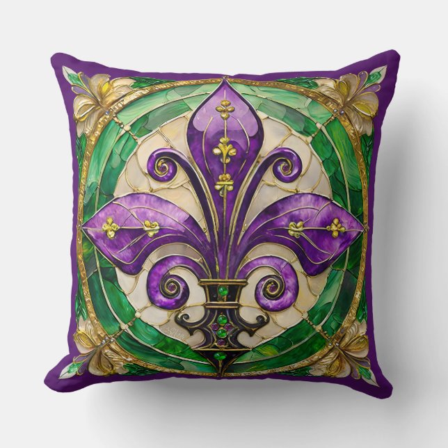 Mardi Gras Glas-in-lood Fleur de lis Kussen (Voorkant)
