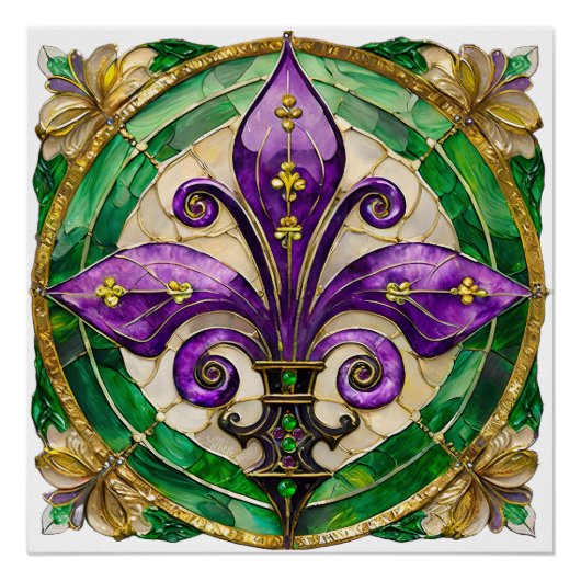 Mardi Gras Glas in lood Fleur de lis Perfect Poster (Voorkant)