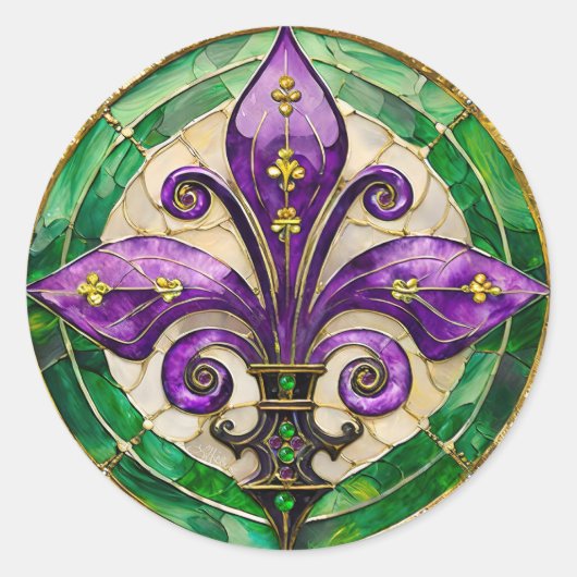 Mardi Gras Glas in lood Fleur de lis Ronde Sticker (Voorkant)
