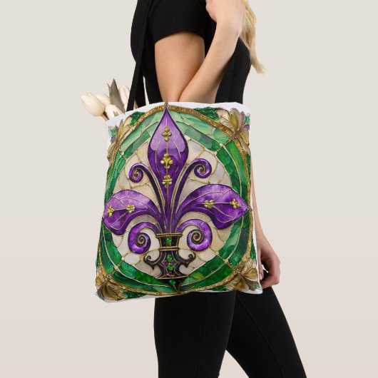 Mardi Gras Glas in lood Fleur de lis Tote Bag (Dichtbij)