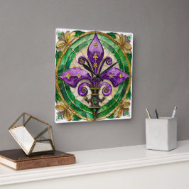 Mardi Gras Glas in lood Fleur de lis Vierkante Klok
