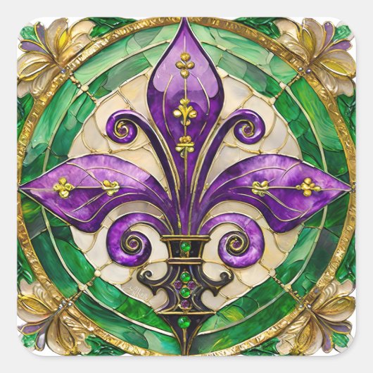 Mardi Gras Glas in lood Fleur de lis Vierkante Sticker (Voorkant)