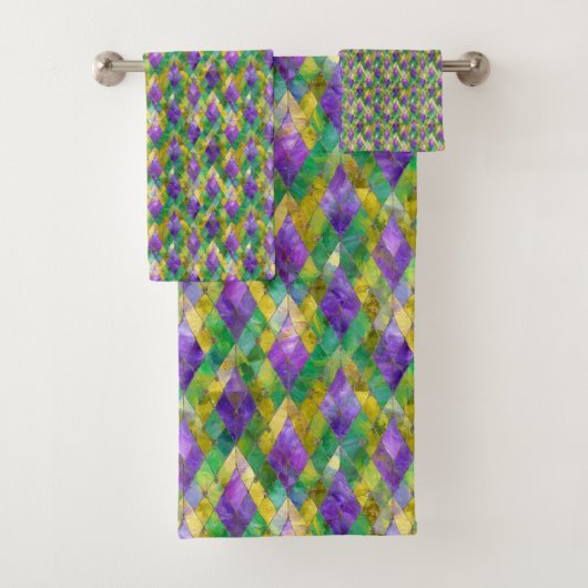 Mardi Gras Glas in lood Harlequin Print Bad Handdoek (Insitu)