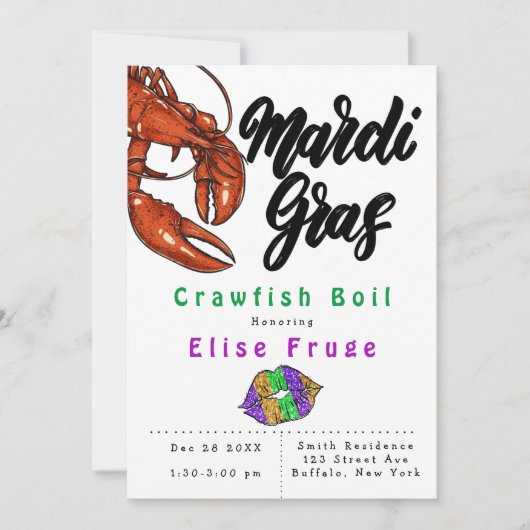 Mardi Gras Glitter Lips Crawfish Boil Uitnodiging (Voorkant)