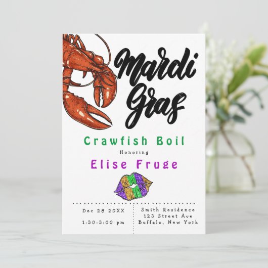Mardi Gras Glitter Lips Crawfish Boil Uitnodiging (Staand voorkant)