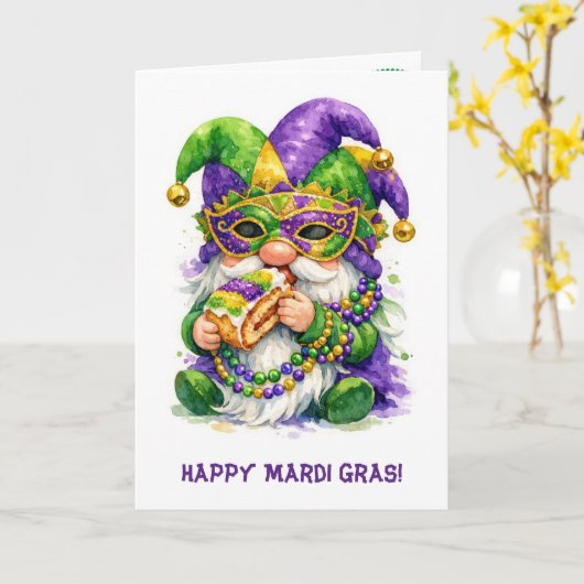 Mardi Gras Gnome Eating King Cake Kaart (Gele Bloem)