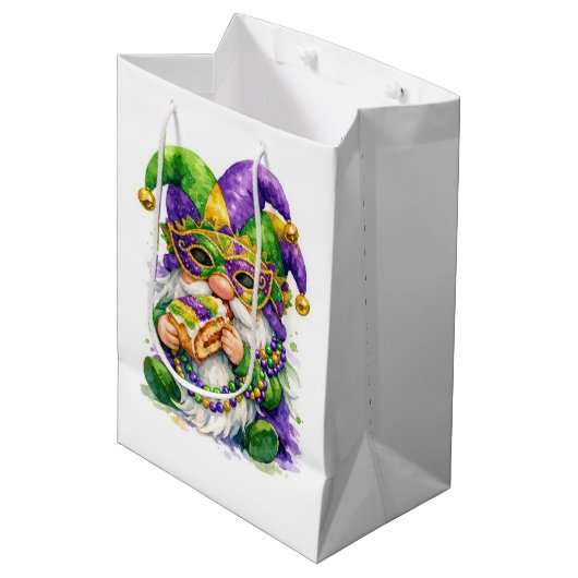 Mardi Gras Gnome Eating King Cake Medium Cadeauzakje (Voorkant Gekanteld)