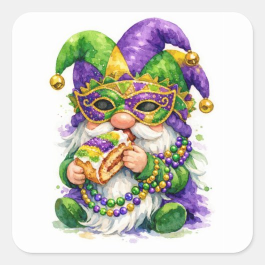 Mardi Gras Gnome Eating King Cake Vierkante Sticker (Voorkant)
