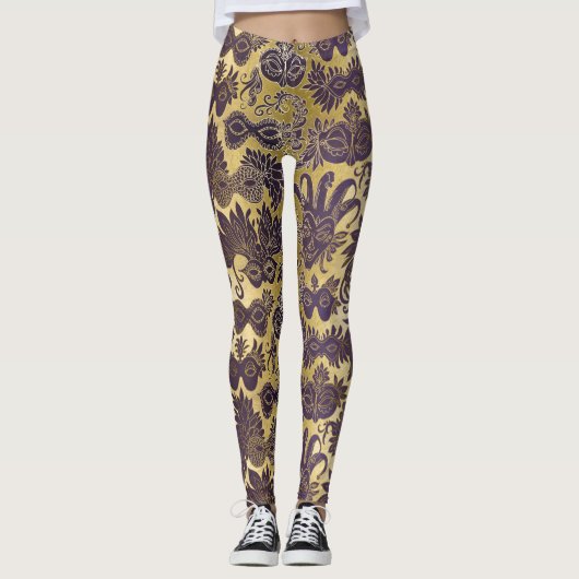 Mardi Gras Gold en Paarse maskers aangepast Leggings (Voorkant)