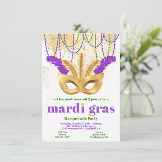 Mardi Gras Gold Masquerade Party - Uitnodiging (Staand voorkant)