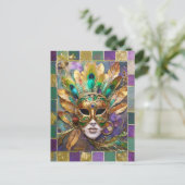 Mardi Gras Goud en Groen Pauw Veer Masker Briefkaart (Staand voorkant)