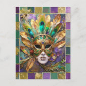 Mardi Gras Goud en Groen Pauw Veer Masker Briefkaart (Voorkant)