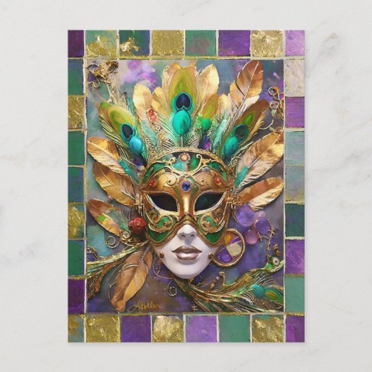 Mardi Gras Goud en Groen Pauw Veer Masker Briefkaart (Voorkant)