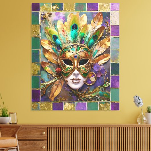 Mardi Gras Goud en Groen Pauw Veer Masker Canvas Afdruk (Insitu (Woonkamer))