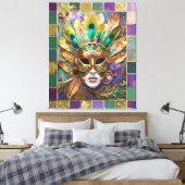 Mardi Gras Goud en Groen Pauw Veer Masker Canvas Afdruk (Insitu (Slaapkamer))