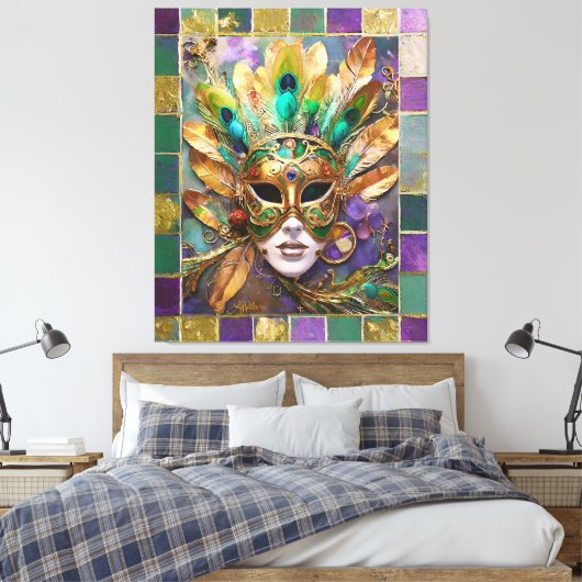 Mardi Gras Goud en Groen Pauw Veer Masker Canvas Afdruk (Insitu (Slaapkamer))