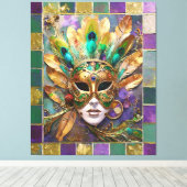 Mardi Gras Goud en Groen Pauw Veer Masker Canvas Afdruk (Insitu (Houten vloer))