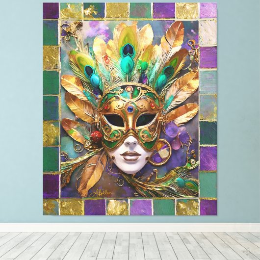 Mardi Gras Goud en Groen Pauw Veer Masker Canvas Afdruk (Insitu (Houten vloer))