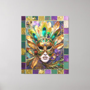 Mardi Gras Goud en Groen Pauw Veer Masker Canvas Afdruk