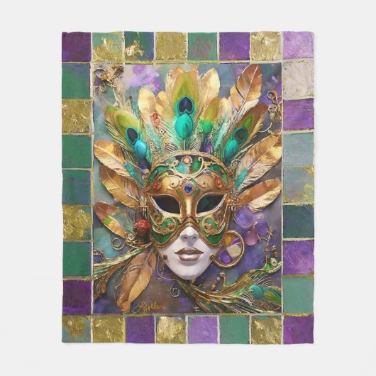 Mardi Gras Goud en Groen Pauw Veer Masker Fleece Deken (Voorkant)