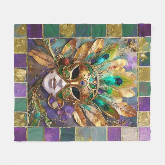 Mardi Gras Goud en Groen Pauw Veer Masker Fleece Deken (Voorkant (Horizontaal))