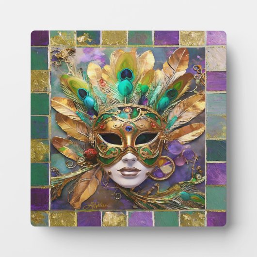 Mardi Gras Goud en Groen Pauw Veer Masker Fotoplaat (Voorkant)