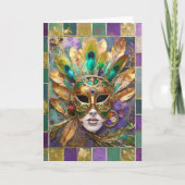 Mardi Gras Goud en Groen Pauw Veer Masker Kaart (Voorkant)