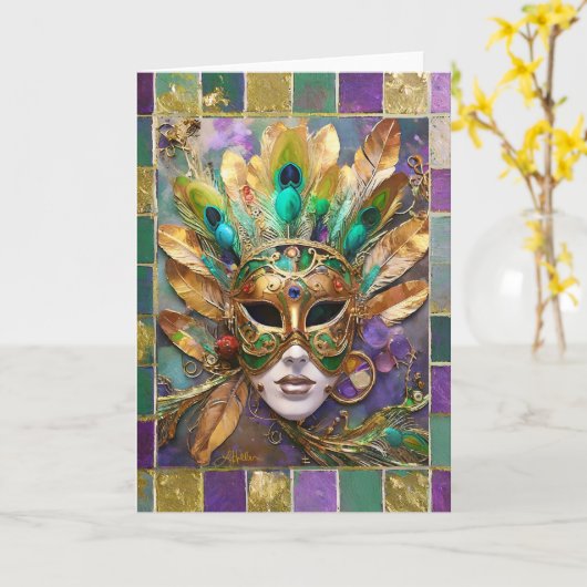 Mardi Gras Goud en Groen Pauw Veer Masker Kaart (Gele Bloem)
