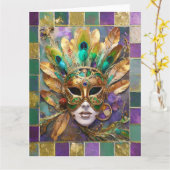 Mardi Gras Goud en Groen Pauw Veer Masker Kaart (Gele Bloem)