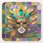 Mardi Gras Goud en Groen Pauw Veer Masker Kartonnen Onderzetters (Voorkant)