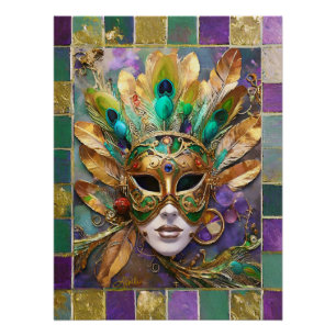 Mardi Gras Goud en Groen Pauw Veer Masker Perfect Poster