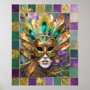 Mardi Gras Goud en Groen Pauw Veer Masker Poster