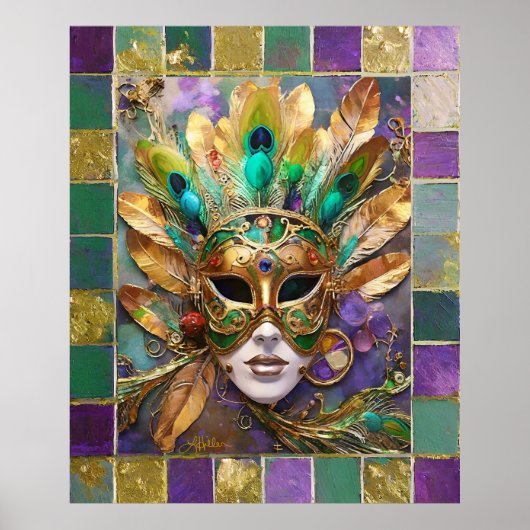 Mardi Gras Goud en Groen Pauw Veer Masker Poster (Voorkant)