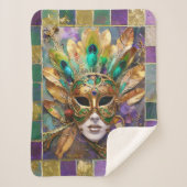 Mardi Gras Goud en Groen Pauw Veer Masker Sherpa Deken (Voorkant)