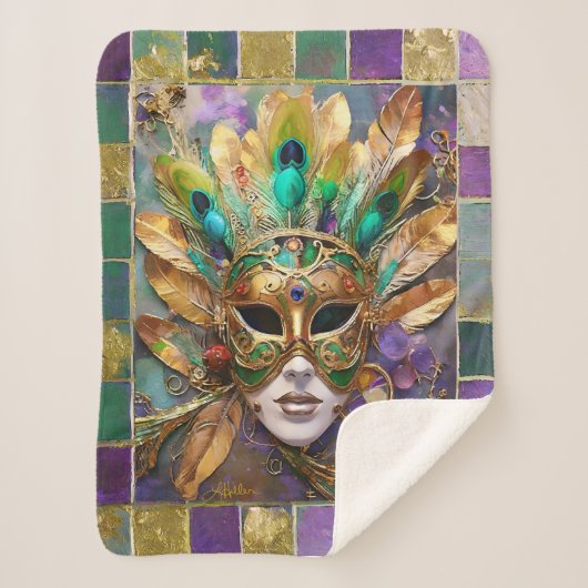 Mardi Gras Goud en Groen Pauw Veer Masker Sherpa Deken (Voorkant)