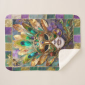 Mardi Gras Goud en Groen Pauw Veer Masker Sherpa Deken (Voorkant (horizontaal))