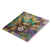 Mardi Gras Goud en Groen Pauw Veer Masker Tegeltje (Zijkant)