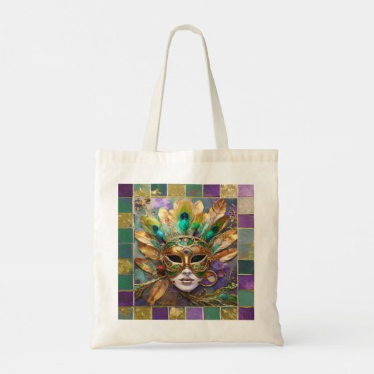 Mardi Gras Goud en Groen Pauw Veer Masker Tote Bag (Achterkant)